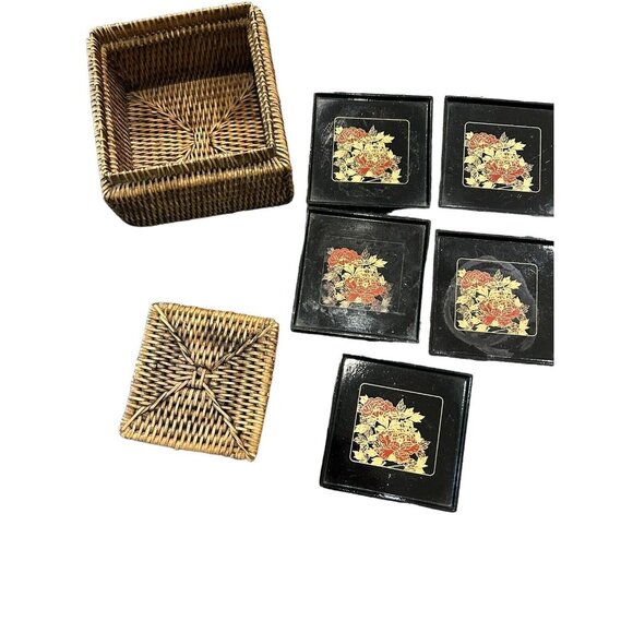 Vintage Japanese 1970’s Lacquerware Coaster Set Black Gold Wicker Coaster & Box - Picture 1 of 8